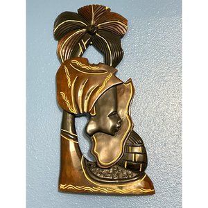 Wooden Plaque of Map of Africa with the face of an African woman under a palm